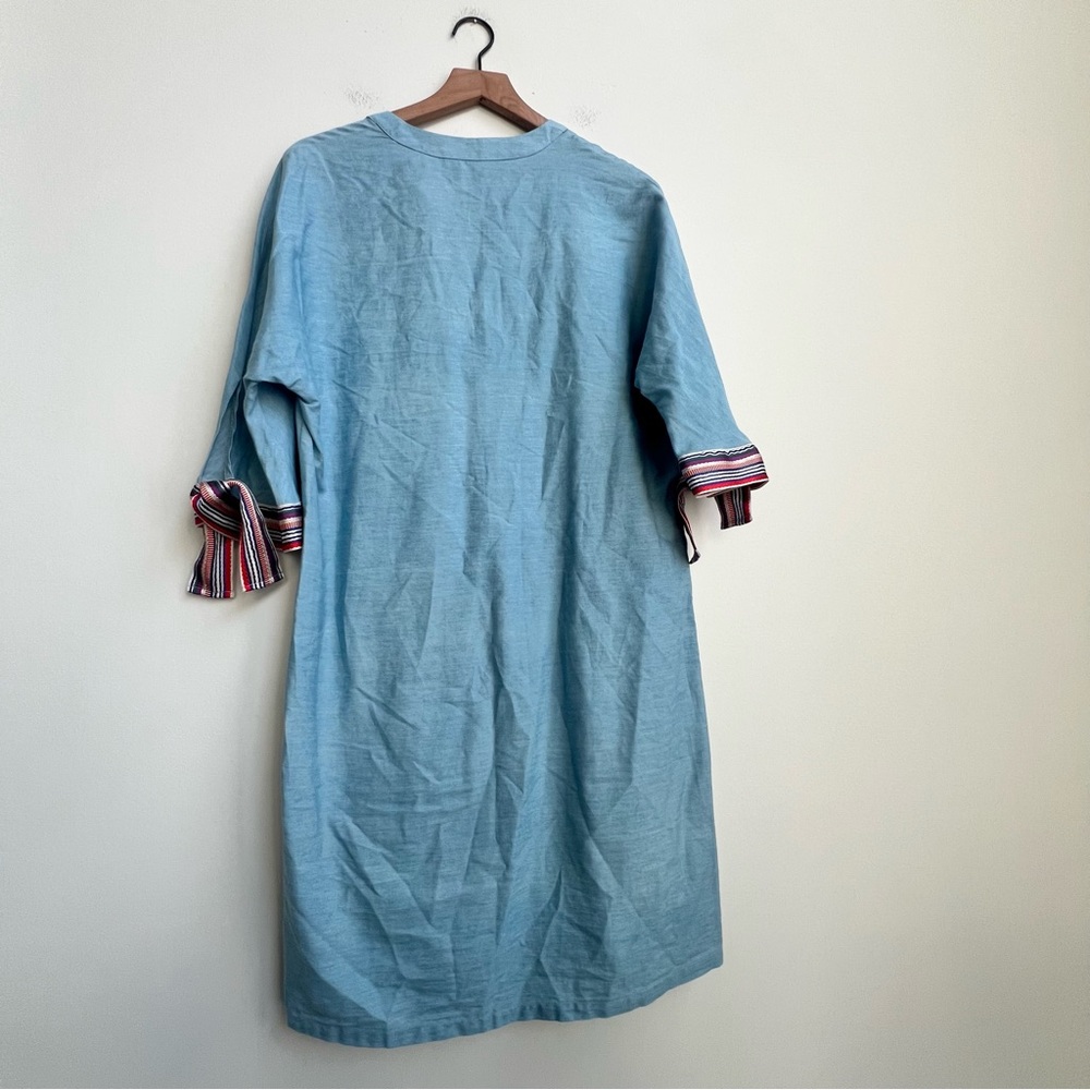 Vilagallo Embroidered Patch Tropical Fish Chambray Dress 44/10 Floral Resortwear - Picture 12 of 14